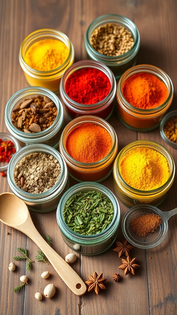 Colorful jars of seasoning blends on a wooden table, showcasing various herbs and spices.